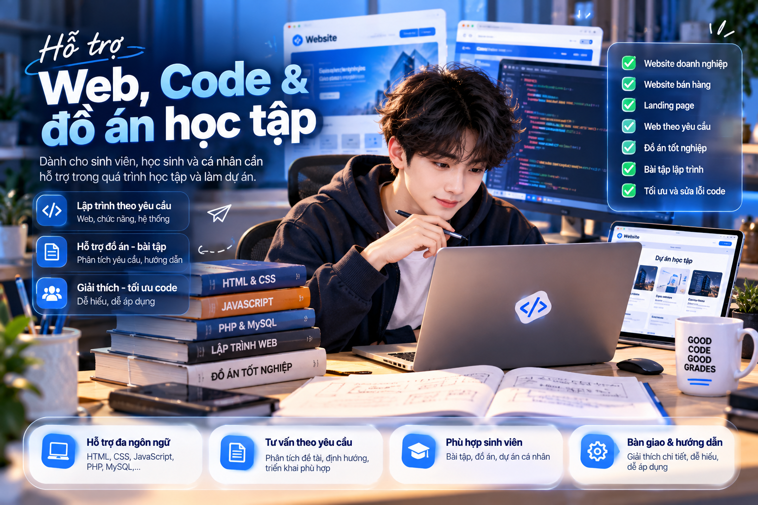 Dịch vụ lập trình web và hỗ trợ code dự án học tập Hoàng Vũ Web